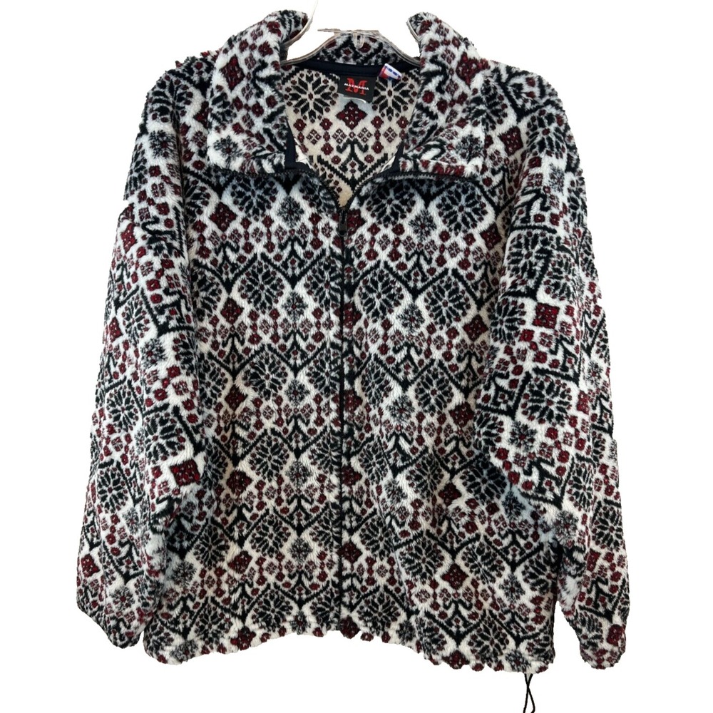 Mazmania Men's Fleece Jacket Size M Zipper VTG Red Black Ivory Snowflakes USA